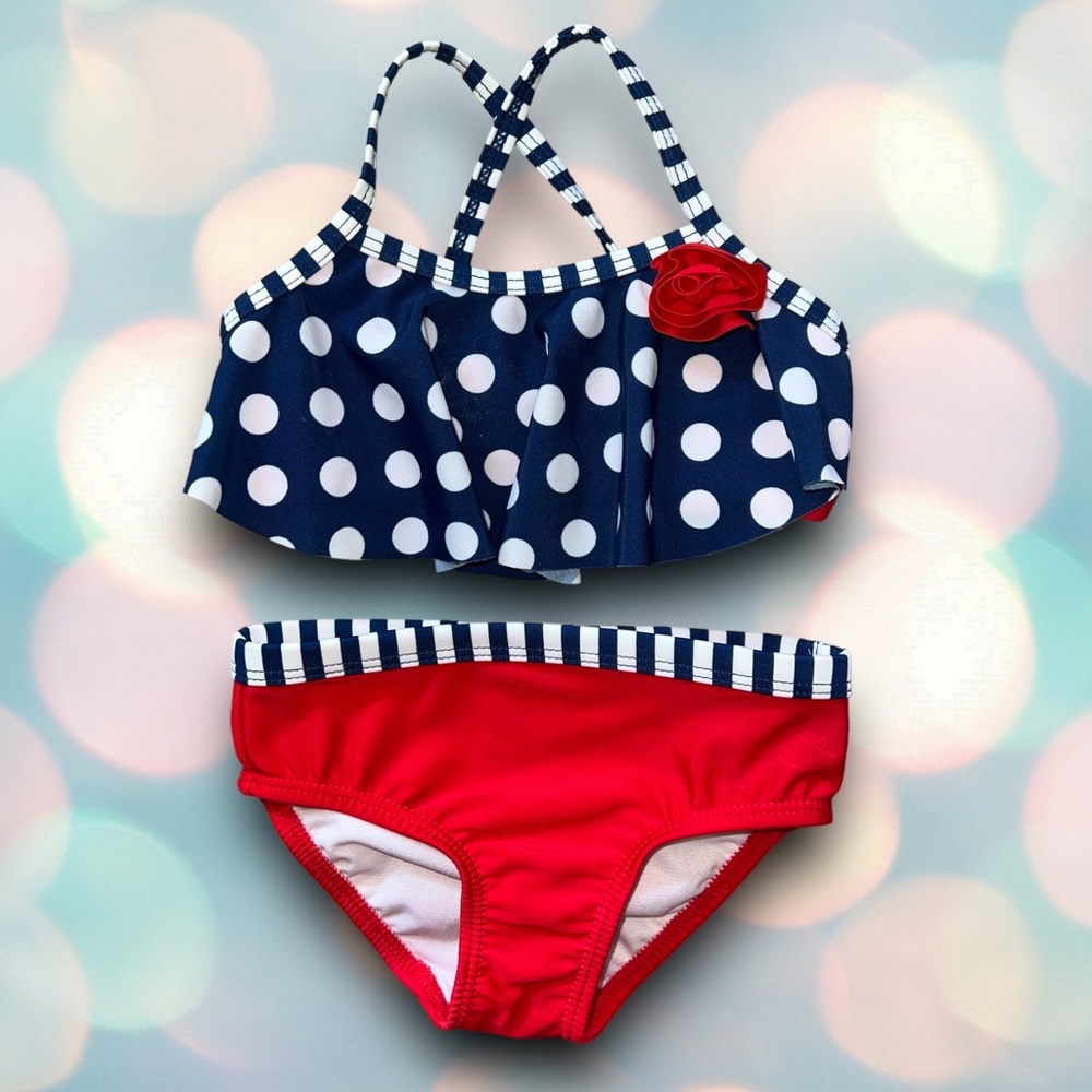 Baby Girl’s Polka Dot Red & Blue 2 Piece Bikini Ruffle Swimsuit Size 18 Months